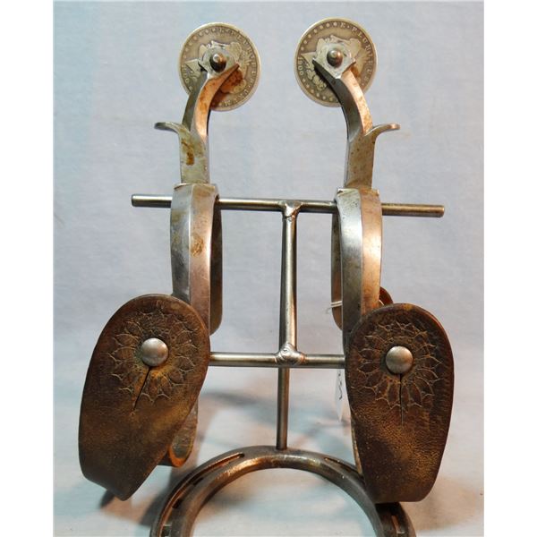 Buermann rodeo herringbone spurs, silver dollar rowels, orig. straps