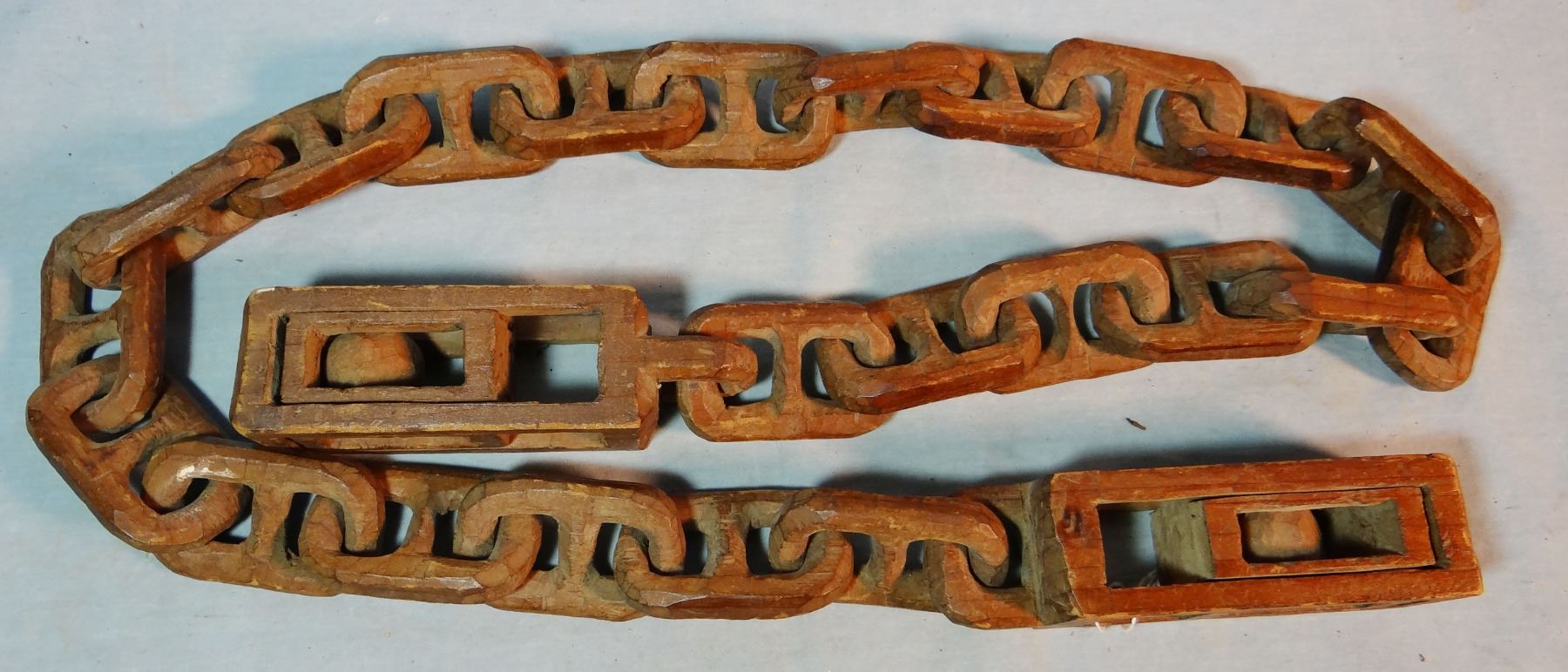 Prison-made wooden link chain, ca. early 1900's, slides and balls