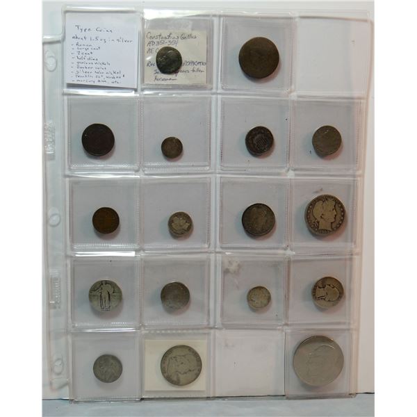 16 type coins: Roman coin; 1820 large cent; 1866 2 cent piece;  1837 half dime; 1866 Shield nickel;