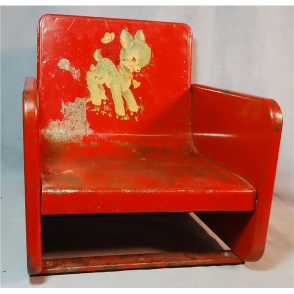 Wicker baby buggy 2 wheeled, 46" l x 34" h, some damage to hood and child's vintage metal chair