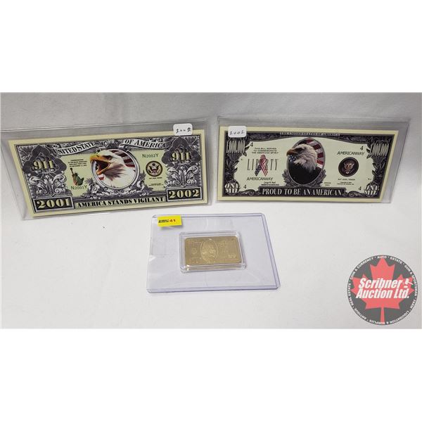 Novelty Bills (2) : USA Million & 911 Bill + Replica of Gold Clad Bar