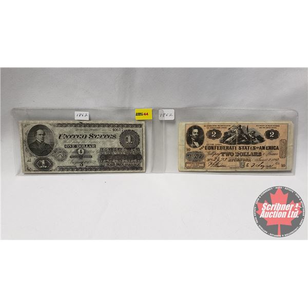 1862 Replica Bills : The Confederate States of America $2 Bill & United States $1 Bill