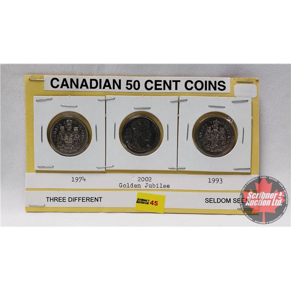 Canada Fifty Cent - Strip of 3: 1974; 2002; 1993