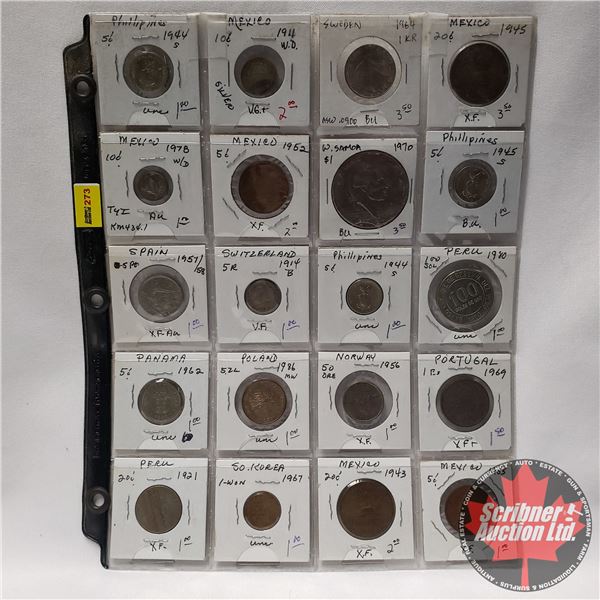 Sheet of Foreign Coins (20): Variety Countries/Years (Philippines, Peru, Norway, Mexico, Poland, etc