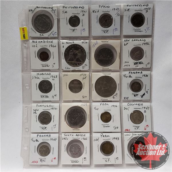 Sheet of Coins - Foreign (20) : Switzerland, Spain, New Zealand, Columbia, Portugal, Peru, Panama, e