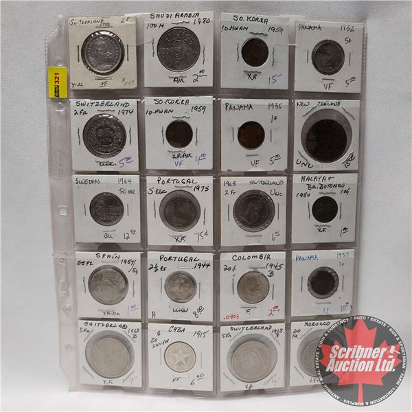 Sheet of Coins - Foreign (20) : Switzerland, Korea, Panama, Portugal, Moroco, Sweden, etc (See Pics
