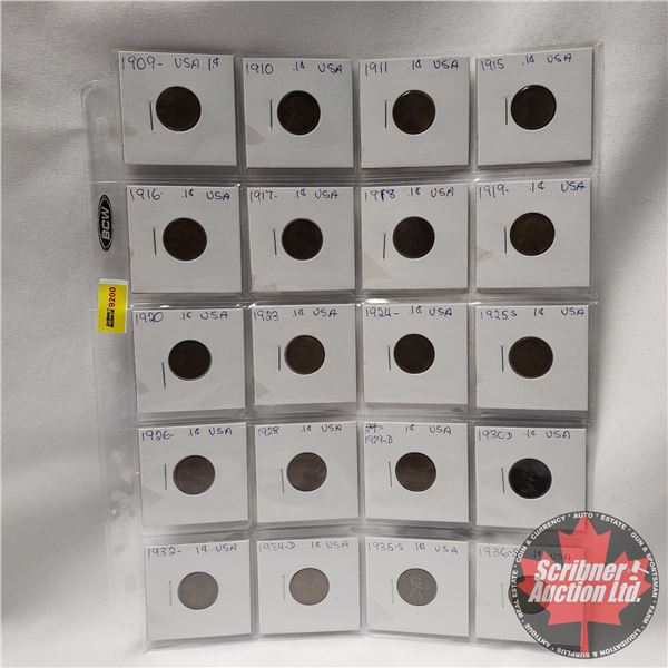 USA One Cent - Sheet of 20: 1909; 1910; 1911; 1915; 1916; 1917; 1918; 1919; 1920; 1923; 1924; 1925S;