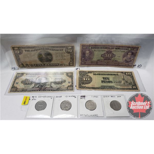 Foreign Coins & Bills (Ecuador, Japan, Venezuela, etc) See Pics (4 Bills & 4 Coins)