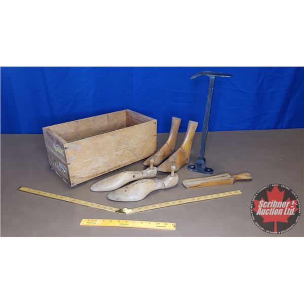 Wooden Crate w/Contents (Shoe Stretchers, Ruler, Shoe Last) (Crate: 8"H x 18"W x 9"D)