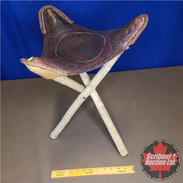 Leather Tripod Stool w/Mayan Calendar Motif (20"H)