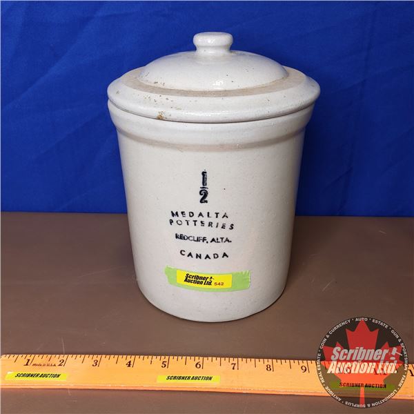 1/2 Gallon Crock with Lid : Medalta Potteries Redcliff, Alta  (8-1/2"H x 6-1/4" Dia)