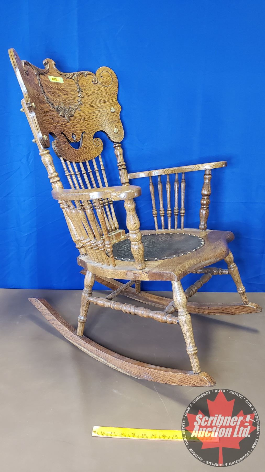 Oak Spindle Back Rocking Chair w/Engraved Leather Seat (37