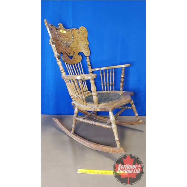 Oak Spindle Back Rocking Chair w/Engraved Leather Seat (37"H)