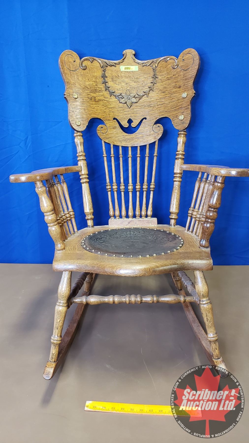 Oak Spindle Back Rocking Chair w/Engraved Leather Seat (37