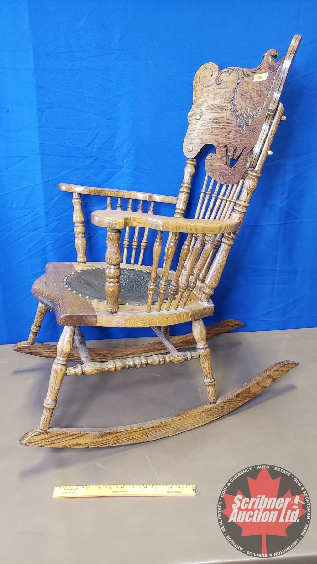 Oak Spindle Back Rocking Chair w/Engraved Leather Seat (37