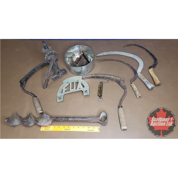 Tray Lot : Sickles, Lic Plate Topper, Model T, Screw Jack, etc