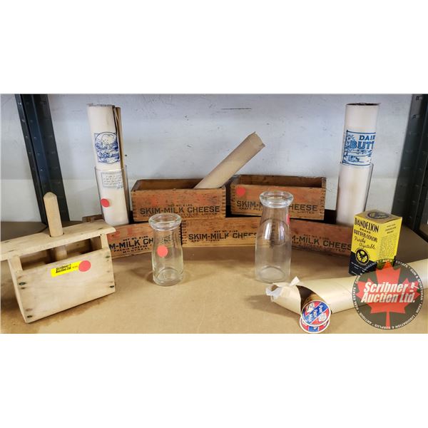 Large Dairy Collection : Milk Bottles, Cheese Boxes, Butter Press, Pogs, Butter Block Wrap, etc