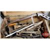 Image 2 : Wooden Army Box w/Assorted Antique Tools (Wrenches, Hack Saw, Soldering Iron, etc) (11-1/2"H x 20"W 