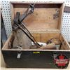 Image 1 : Wooden Army Box w/Assorted Antique Tools (Molding Planes, Telephone Pole Spikes, Pulley, etc) (11-1/