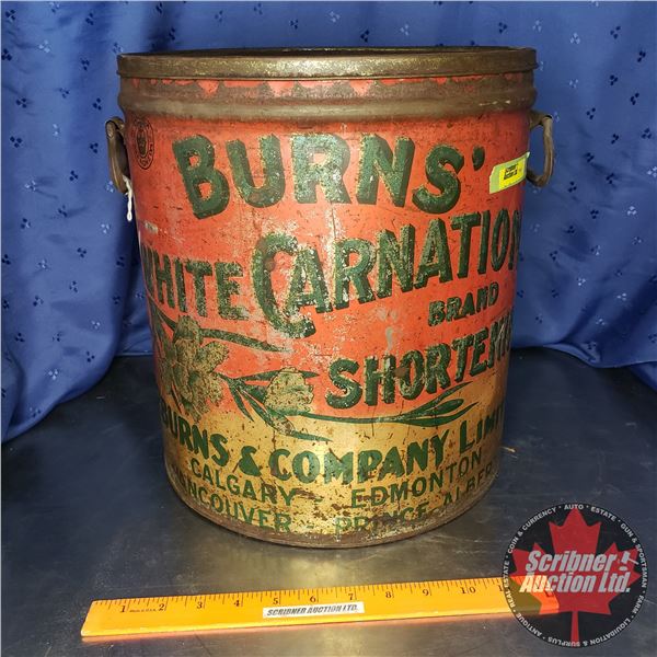 Burns' White Carnation Shortening Pail w/Lid (13-1/2"H x 12" Dia)