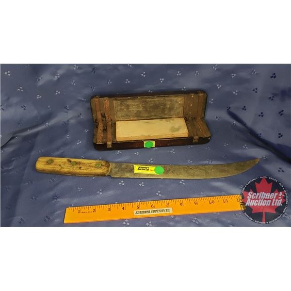 Large Knife & Sharpening Stone in Wood Box (18"L)