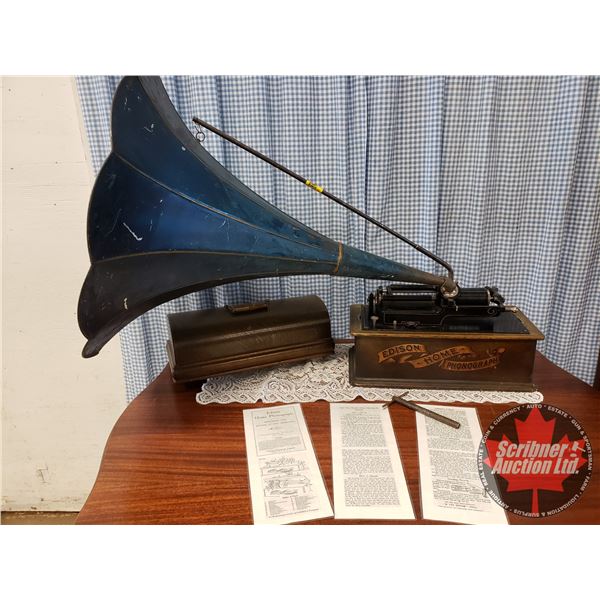 Edison Home Phonograph - Cylinder with Blue Floral Horn (with One Record) (S/N#H97484)