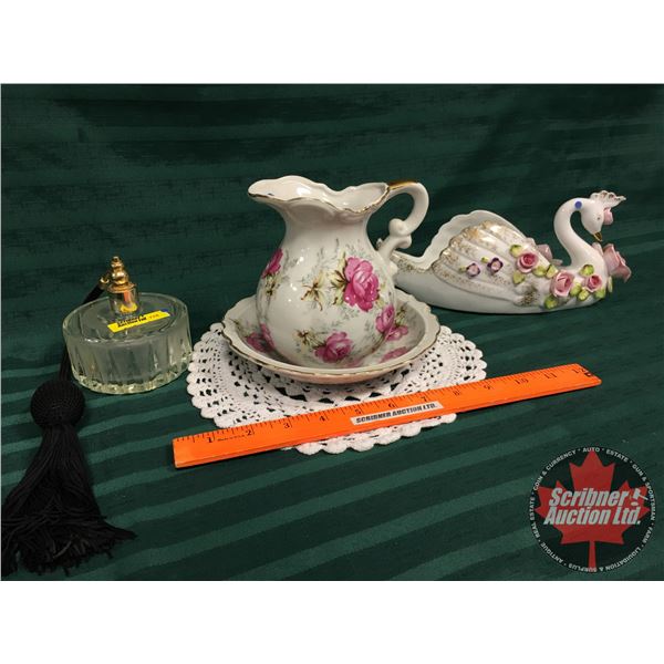 Ladies Trio: Perfume Atomizer, Small Pitcher & Basin & Swan Ornament