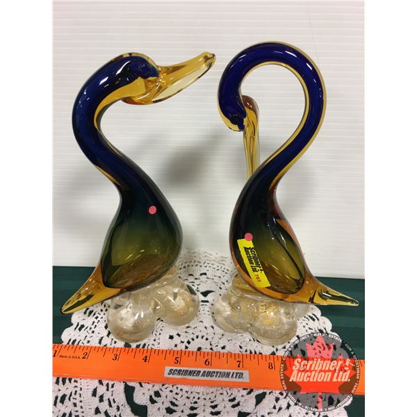 Pair of Murano Blue & Amber Birds (9-1/2"H)