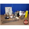 Image 1 : Box Lot: Variety of Modern & Vintage Collectibles (Petit Point, Fire Pokers, A&W Jug, St. Paul Bever