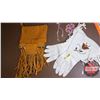Image 2 : Native Basket Lot: White Leather Gloves, Leather Pouches (2), Leather Satchel & Beaded Necklaces (2)