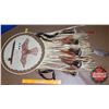 Image 1 : Leather Dream Catcher w/Fringe & Feathers (Bird Painting Motif) (38"H x 16" Dia)