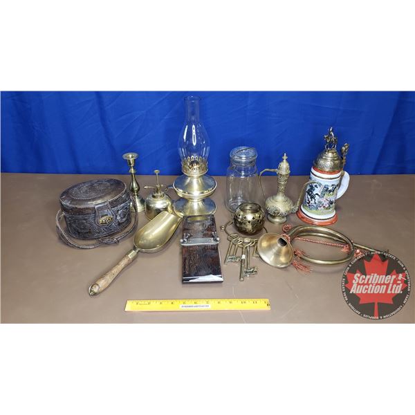 Tray Lot: Brass Grouping (Horn, Lamp, Oiler, etc) & Antique Flower Press