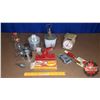 Image 1 : Tray Lot: Vintage Kitchen Items (Milk Glass Measuring Mixer, Counter Top Scale, etc)