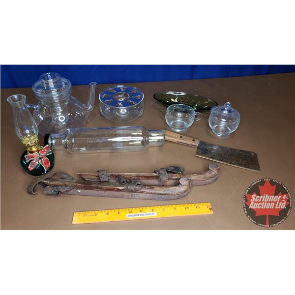 Tray Lot: Coal Oil Mini Lamp, Glass Tea Pot, Glass Rolling Pin, etc + Antique Bob Skates