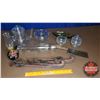 Image 1 : Tray Lot: Coal Oil Mini Lamp, Glass Tea Pot, Glass Rolling Pin, etc + Antique Bob Skates