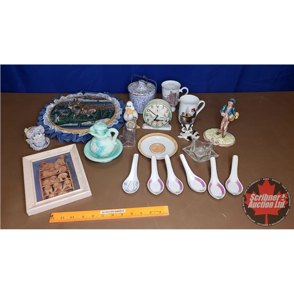 Tray Lot: Early Bird Alarm Clock, Avon Dish, Candle Holders, Deer Wall Clock, Puppy Picture, etc