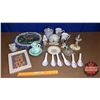 Image 1 : Tray Lot: Early Bird Alarm Clock, Avon Dish, Candle Holders, Deer Wall Clock, Puppy Picture, etc