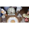 Image 3 : Tray Lot: Early Bird Alarm Clock, Avon Dish, Candle Holders, Deer Wall Clock, Puppy Picture, etc