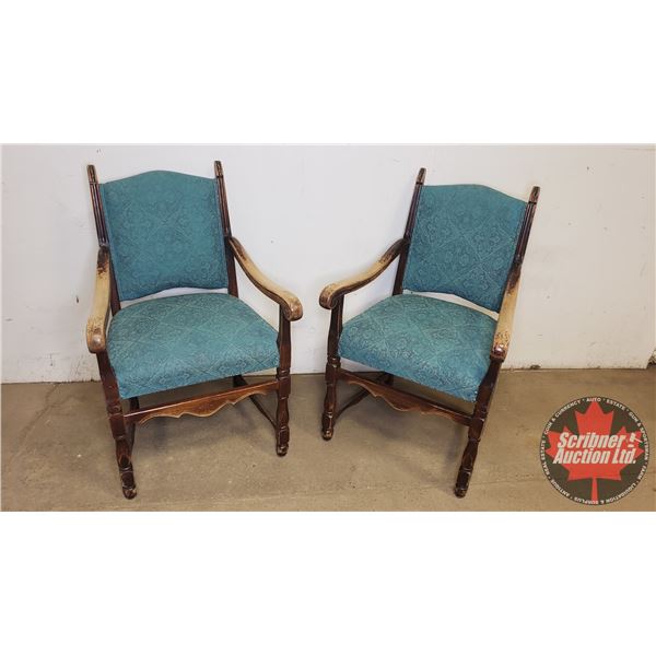 Wooden Arm Chairs (2): With Padded Teal Seats