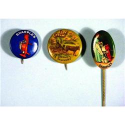 Two Celluloid Pinbacks and a Stick Pin