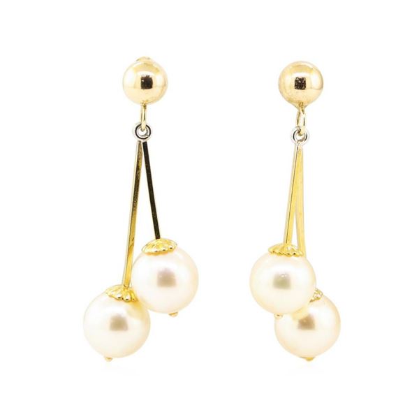 Pearl Double Dangle Earrings - 14KT Yellow Gold