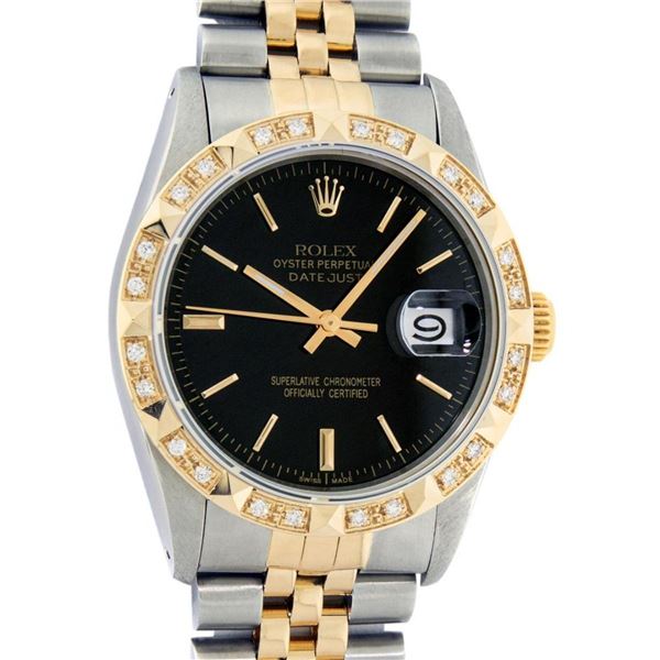 Rolex Mens 2 Tone Black Index Pyramid Diamond Bezel Datejust Wristwatch