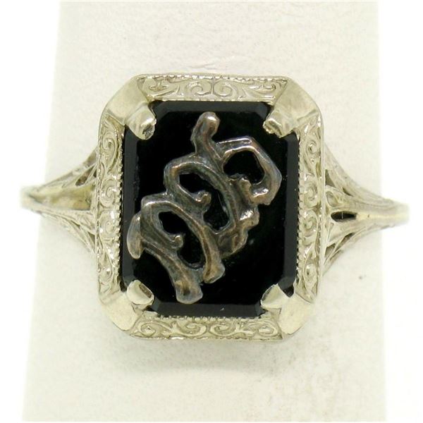 1925 14k White Gold Prong Set Black Onyx Filigree Dinner Ring