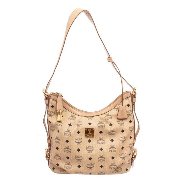 MCM Beige Coated Canvas Hobo Bag