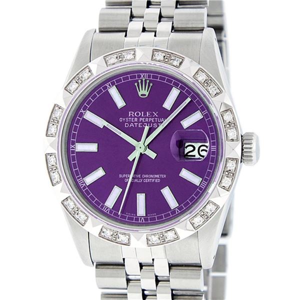 Rolex Mens Stainless Steel 36MM Purple Index Pyramid Diamond Datejust Wristwatch