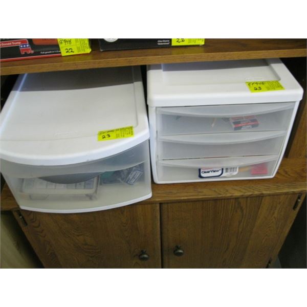 2 PLASTIC CONTAINERS OF OFFICE SUPPLIES