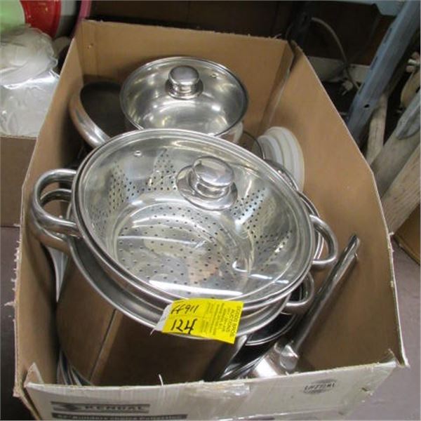 BOX OF ASSORTED COOKING POTS AND STRAINERS