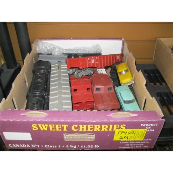 FLAT OF ASST. MODEL TRAIN CARS, ENGINE, ETC.