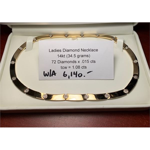 LADIES 14KT DIAMOND 16" NECKLACE (34.5G), 72 DIAMONDS X .015CTS, TCW=1.08CTS WITH LOCAL APPRAISAL OF