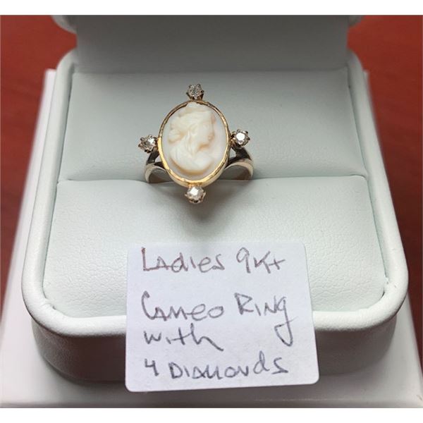 LADIES 9KT CAMEO RING WITH 4 DIAMONDS, SZ 4.5